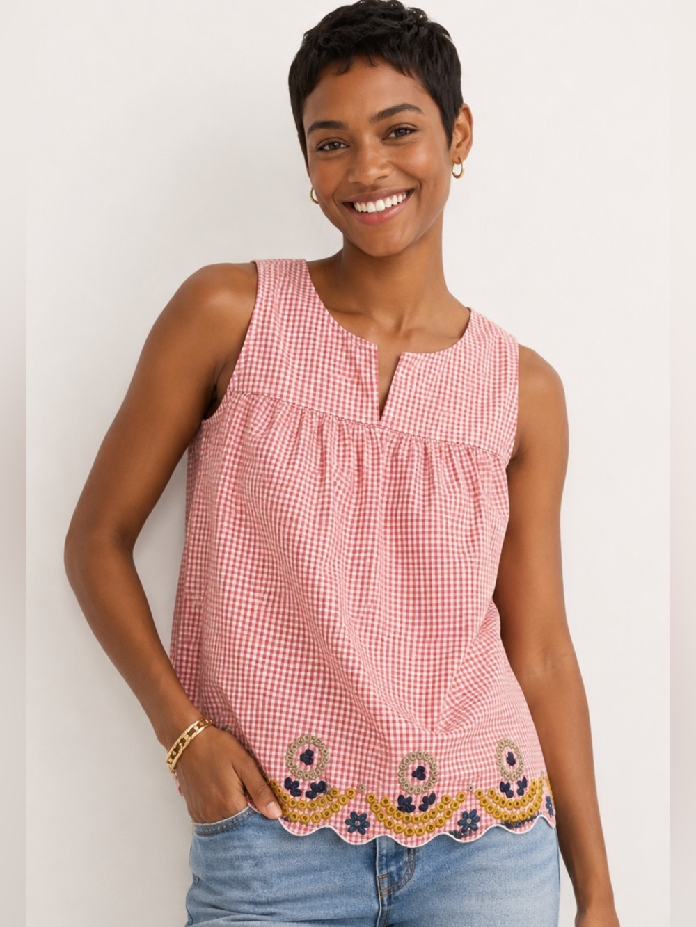 Madewell Red White gingham embroidered 100% cotton tank size XS - Picture 8 of 8